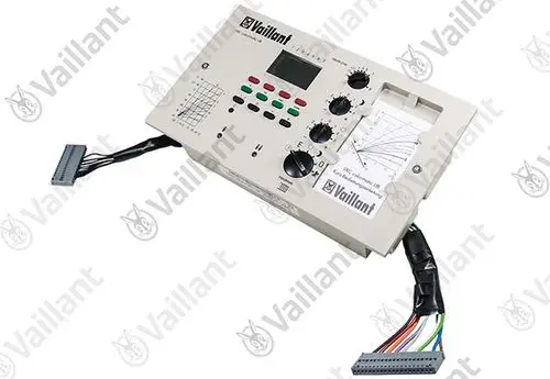 Vaillant Elektronischer Regler mit Tasten, Drehreglern und Schnittstelle, ausgestattet mit einem Display und einer grafischen Darstellung auf der Seite. Kabelanschlüsse sind sichtbar.